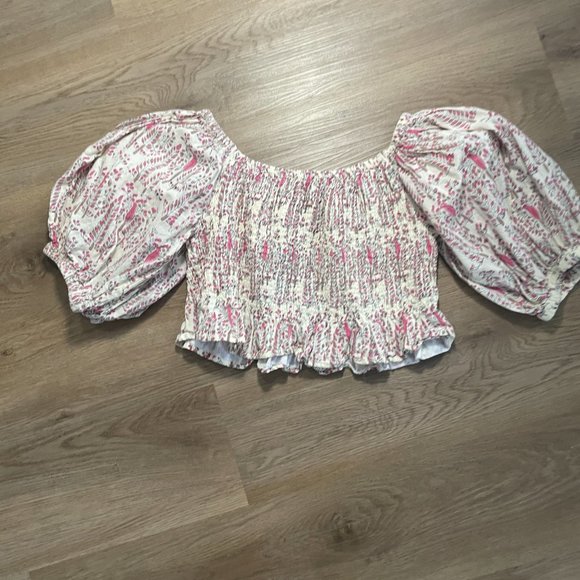 Perry Walker Collective The Ophelia Top block print pink cream off shoulder crop - Picture 10 of 12